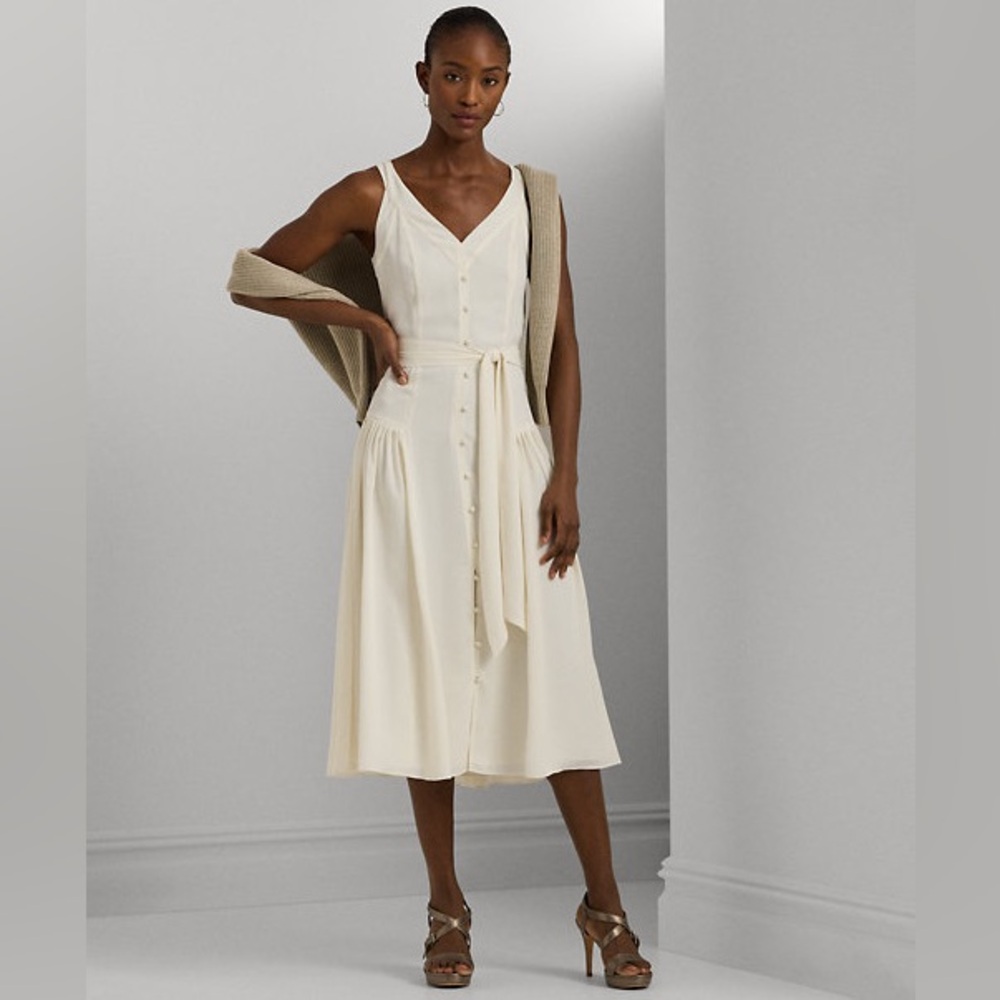 Ralph Lauren Belted Georgette Sleeveless Dress